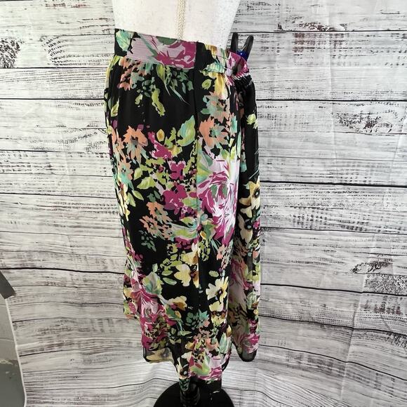 Elementz Skirt sz Large Black Pink Green Floral Sheer Knee Ruffle Modest Wedding - Picture 6 of 9